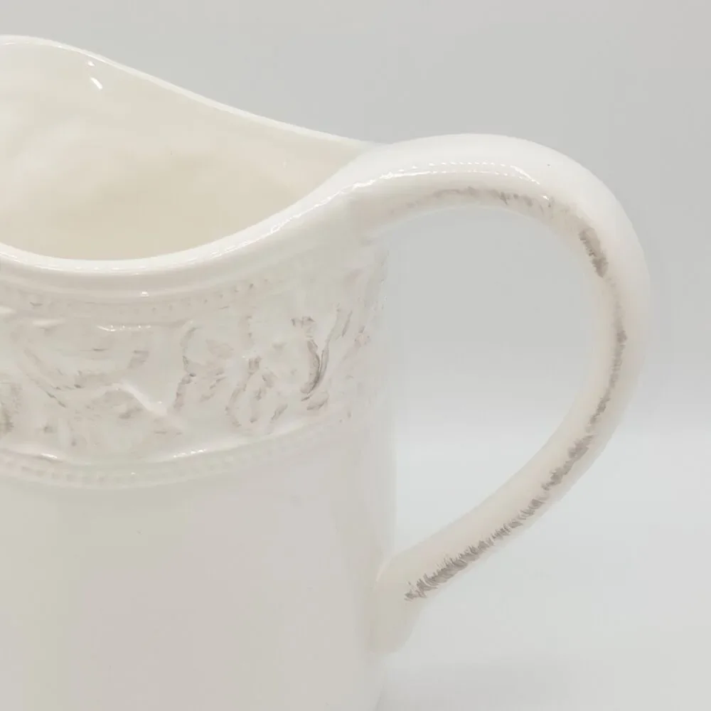 Pfaltzgraff Country Cupboard 7in Vintage Pitcher Vase Ivory Embossed Floral Band